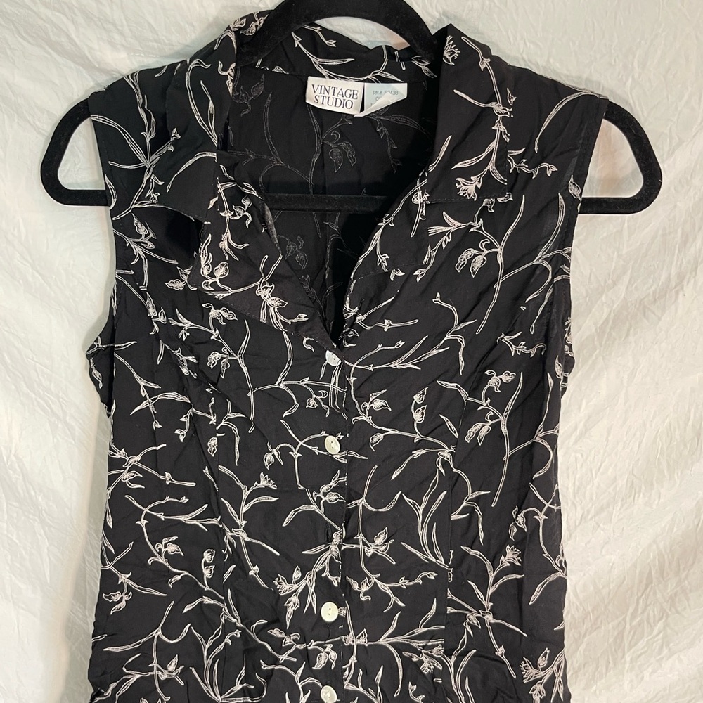 Vintage Studio Sleeveless Button Down Long Shirt Dress Flower on Black Size 12P